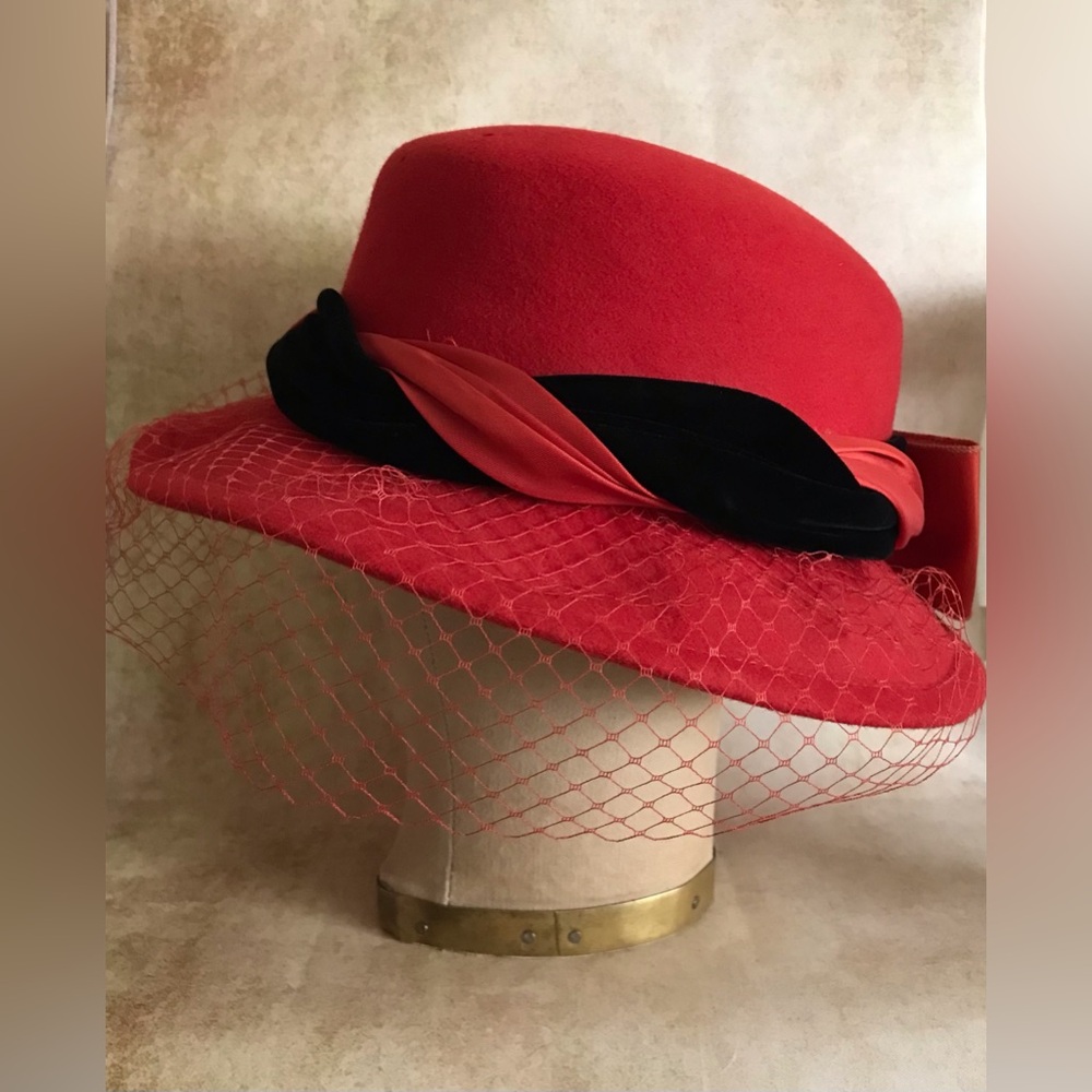 Vintage Red Felt Hat with Veil